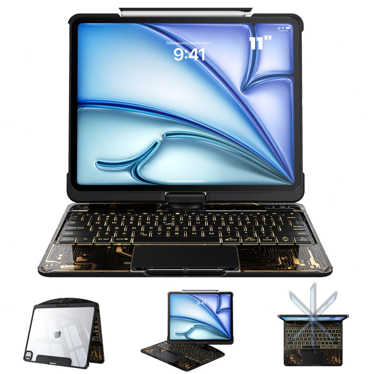Tiaota Transparent Case Keyboard for iPad 11th Gen 11 inch (A16, 2025) & 2022 iPad 10th Gen 10.9 in,7-Color Backlit,Wireless Keyboard, 360°Rotating,Multi-Touch trackpad, Pencil Slot,Shortcuts,Black