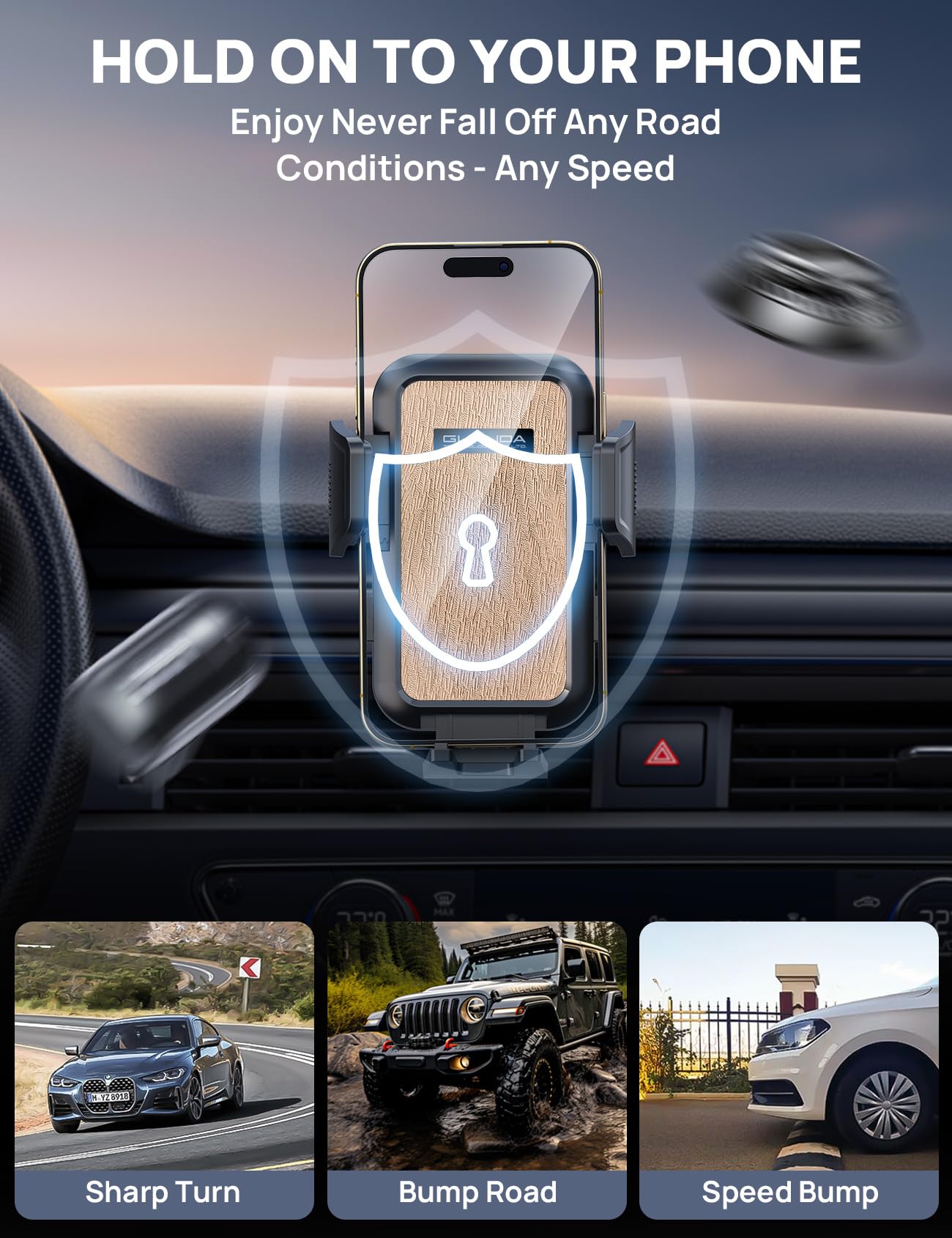 Air Vent Car Phone Holder, Adjustable Wide Clamp, Metal Hook, Anti-Shake