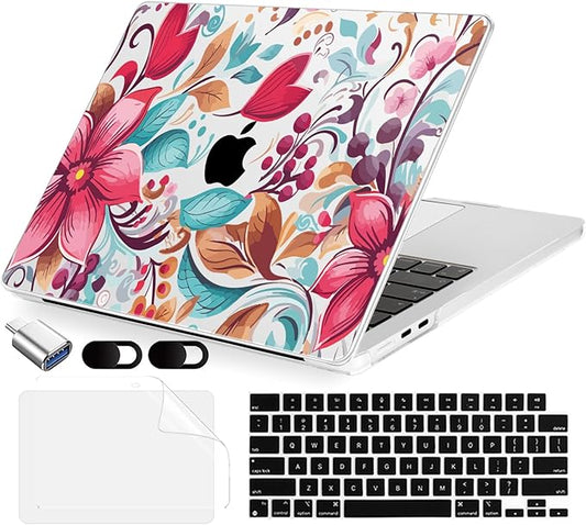 Compatible with MacBook Air 13.6 inch Case, M4 A3240/M3 A3113/M2 A2681 (Released 2025 to 2022), Hard Shell, Keyboard Cover, Screen Protector, Webcam Cover & Type-C Adapter, Geometric Flowers