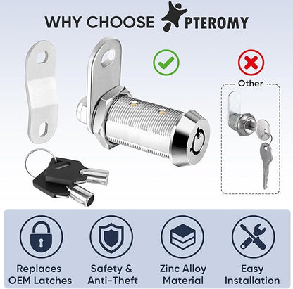 PTEROMY 2 Pack Cabinet Lock with Keys, 5/8'' Heavy Duty Tubular Cam Lock for RV Compartment Storage Locks, Full Set of RV Cam Locks (Chrome, 5/8'', 2 Pack)