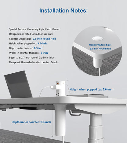 Jgstkcity Pop up Countertop Outlet,2.5in Hole Desk Grommet,White