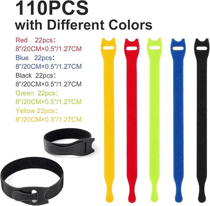 OneLeaf 110PCS Cord Organizer 8 × 1/2" Reusable Cable Ties with Hook and Loop, Colorful Fastening Cord Ties Wire Management for Home, Office, Data Centers, and Electronics, 5 colors