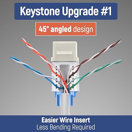 Everest 45° Angled RJ45 Cat5e Keystone Jacks 50-Pack in Light Almond - Slim Profile Female RJ45 Connectors - Cat 5e Keystone Jack - Compatible with 45° Angled Speed Termination Tool - 45Term