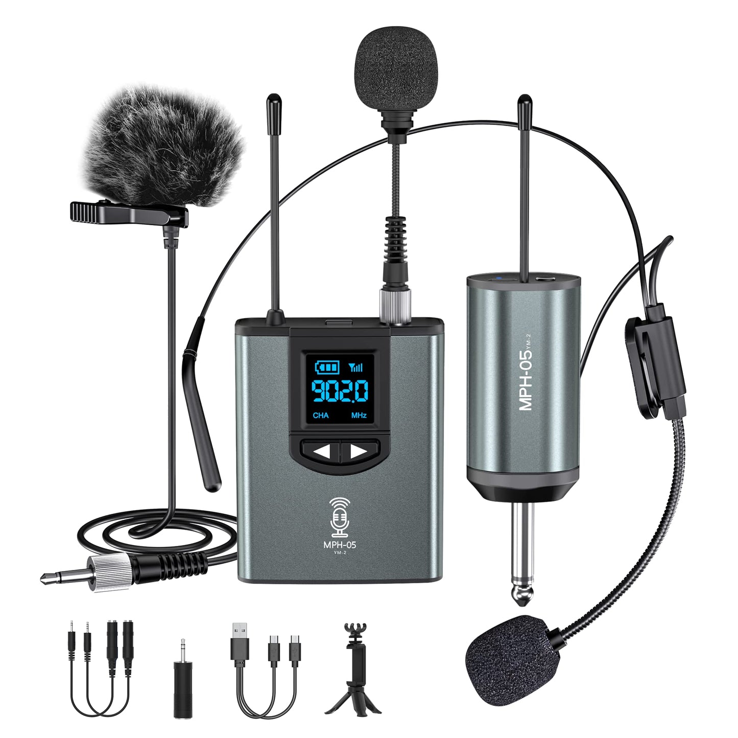 ttstar Wireless Microphone System Headset/Stand/Lavalier Mic with Rechargeable Bodypack Transmitter Receiver for PA Speaker, Camera, Recording, Teaching, Church (1T1R-Steel)