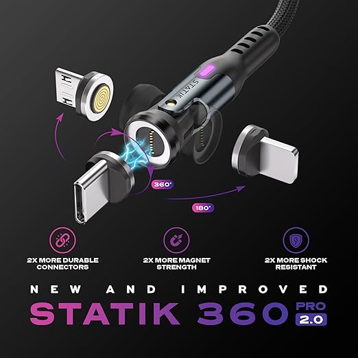 Statik 360 Pro Magnetic Charging Cable - Type C Charger Fast Charging 3 in 1 USB C to USB C Cable, Micro USB & iProduct Tips, USB A Adapter, Fits All Devices - 100W Fast Charger, Black 3FT/1M, 3 Pack