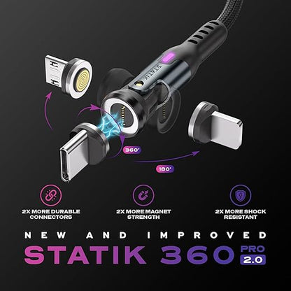 Statik 360 Pro Magnetic Charging Cable - Type C Charger Fast Charging 3 in 1 USB C to USB C Cable, Micro USB & iProduct Tips, USB A Adapter, Fits All Devices - 100W Fast Charger, Black 3FT/1M, 3 Pack