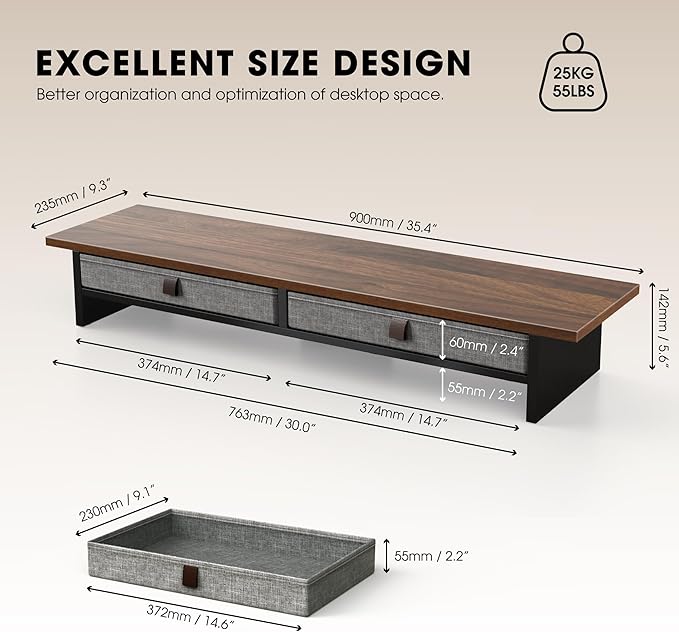 Fenge Monitor Stand with Drawer, 2 Tiers Dual Monitor Riser for Desk, 35 Inch Computer Stand for 2 Monitors, Desk Shelf for Home, Office, Laptop, PC, TV, Printer