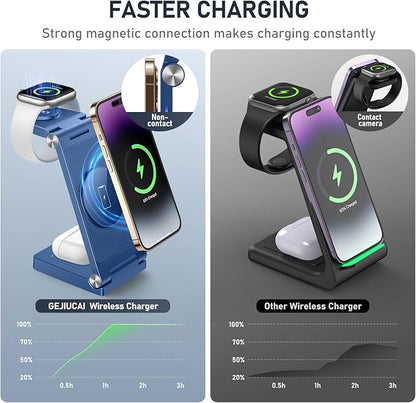 Magnetic Wireless Charger Stand, 3 in 1 Foldable Wireless Charging Station, Travel Charger for Multiple Devices for iPhone 16 15 14 13 12 Series, Apple Watch Ultra/SE/9/8/7/6/5/4/3/2, AirPods