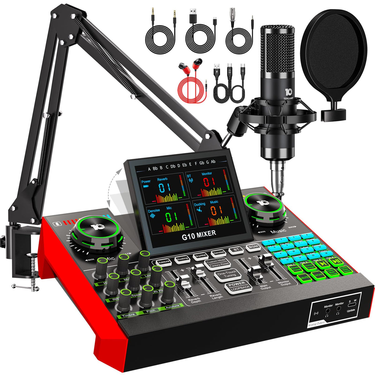 CryoSurf G10 Podcast Equipment Bundle with 3.5mm Condenser Microphone for Pc/Phone Live Streaming Singing Gaming, Podcast Microphone Bundle with Live Sound Board Audio Mixer Denoise,DJ Sets