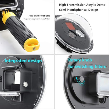 Dome Port Lens for GoPro Hero 5 6 7 Black Hero (2018), Dome Port with Waterproof Housing Case, Trigger, Floating Hand Grip, Built-in Switchable Red Filter and 10x Macro Filter