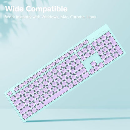 LeadsaiL Wireless Keyboard, 2.4GHz Full-Sized Ergonomic Computer Keyboard, Cordless Noiseless Keyboard,12 FN Shortcuts for Windows MacOS Laptop Computer - Purple and Mint Green