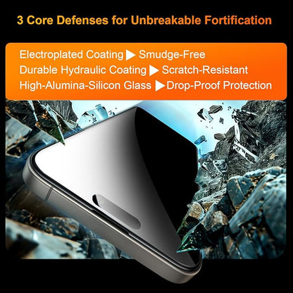 OneFish 2 Pack Privacy Screen Protector for iPhone 15 Pro - 4-Way 360° Anti-Spy Tempered Glass, 9H Hardness, 3D Curved Edges, Case-Friendly & Easy Installation