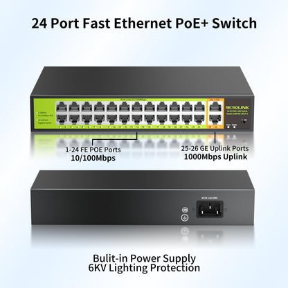 24 Port PoE+ Switch 2 Gigabit Uplink 400W Rack Mount Unmanaged IEEE 802.3af/at Extend 250M for IP Cameras AP VoIP Phones 6KV Lightning Protection