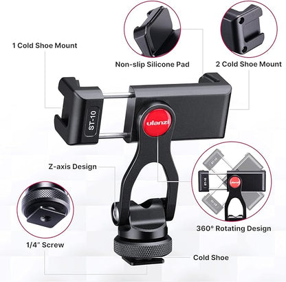ULANZI Metal Phone Tripod Mount ST-10, Universal 360° Smartphone Adapter with 2 Cold Shoe Mount, Adjustable Cell Phone Clamp Stand Holder, Compatible with iPhone, Samsung Galaxy and All Phones