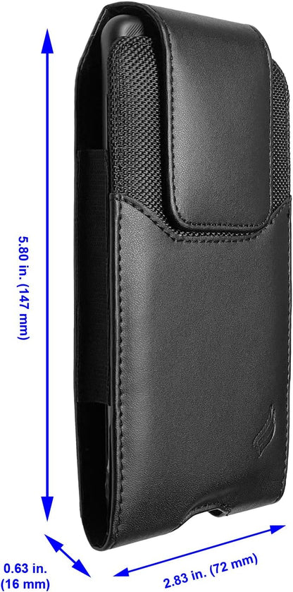 Leather Cell Phone Holster for Cricket Debut, Icon, AT&T Radiant Core, Calypso 2, Moto E6, G7 Play, Alcatel Onyx, REVVLRY REVVL2 - Vertical Case Waist Carrying Pouch with Belt Clip/Loops, Black