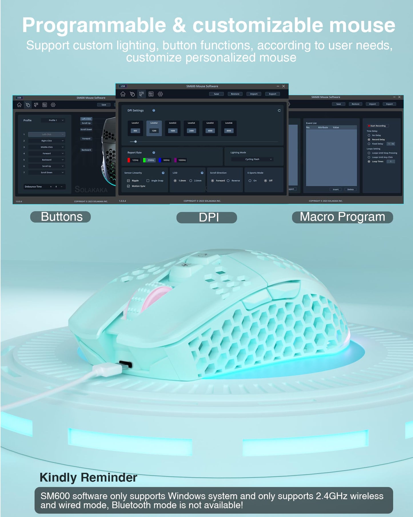 SOLAKAKA SM600 Honeycomb Shell Gaming Mouse Wireless,8000 DPI Tri-Modes BT5.1/2.4G Wireless/Type-C Wired Gamer Mouse with 2 Side Buttons, Macro Programmable and RGB Light for PC/Mac/Laptop,Green