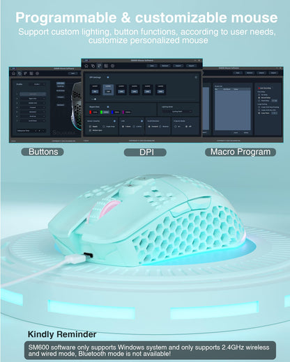 SOLAKAKA SM600 Honeycomb Shell Gaming Mouse Wireless,8000 DPI Tri-Modes BT5.1/2.4G Wireless/Type-C Wired Gamer Mouse with 2 Side Buttons, Macro Programmable and RGB Light for PC/Mac/Laptop,Green
