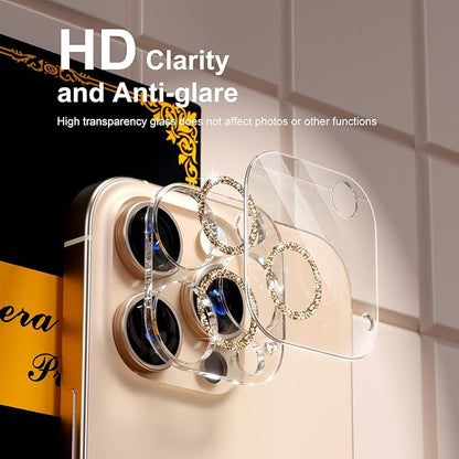 beuxece for 6 Pack iPhone 15 Pro/iPhone 15 Pro Max Camera Lens Protector [Drop Protection] [Case Friendly] [Easy Installation] 9H Tempered Glass Camera Screen Protector Cover, Glitter Gold
