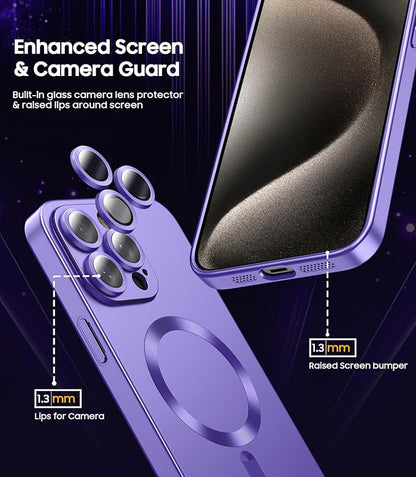 Magnetic for iPhone 15 Pro Case [Compatible with MagSafe][Built-in Camera Lens Protector] Slim Soft Silicone Bumper Shockproof Metallic Shine Phone Case (Purple)