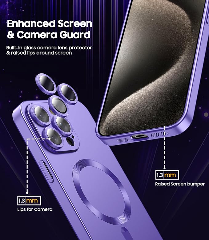 Magnetic for iPhone 15 Pro Max Case [Compatible with MagSafe][Built-in Camera Lens Protector] Slim Soft Silicone Bumper Shockproof Metallic Luster Phone Case (Purple)