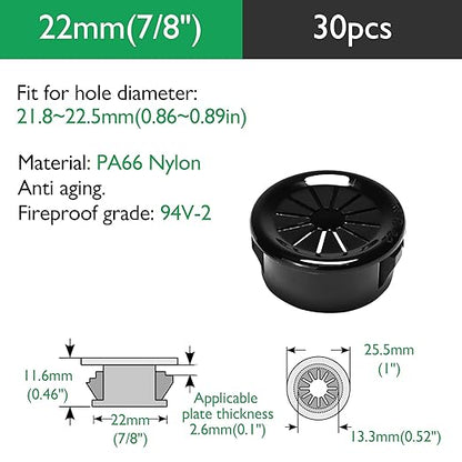 30PCS Cable Grommets, 7/8"(22mm) Desk Hole Cover Petal Shaped Buckle Type Nylon Snap Bushing Grommet, Wire Hole Cover Insert for Cables and Cords Management and Protection of Cabinet, Black