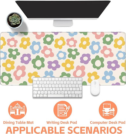 Mouse Pad Large Vintage Groovy Flowers Non-Slip Gaming Desk Mat with Stitched Edge Laptop Keyboard Desk Pad for Work Home Gaming (35.4 x 15.7 Inches)