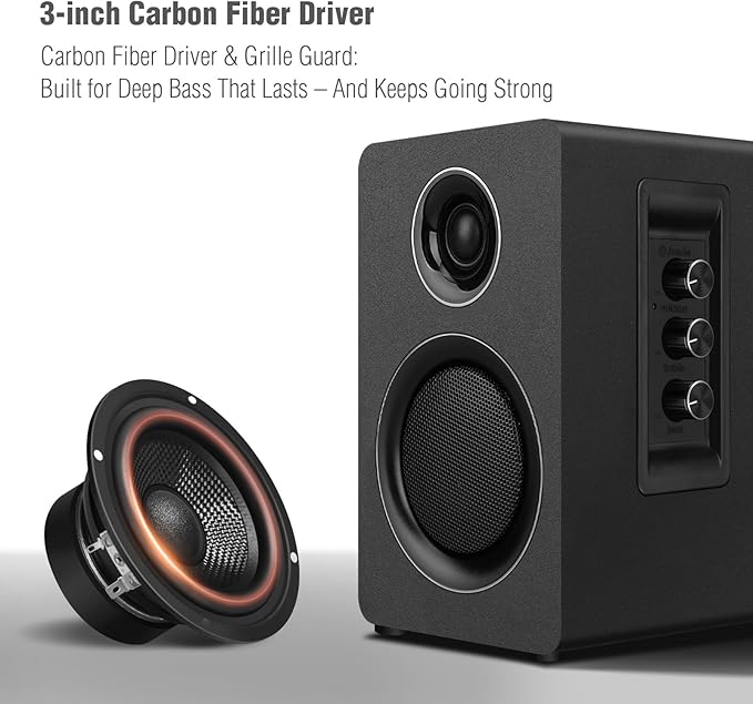 Computer Speakers for Desktop PC, Active Bookshelf Speaker with 3‘’ Carbon Fiber Woofer and Silk Film Tweeter ,Supports Bluetooth 5.3, USB-C, AUX/RCA Input for Record Player TV - Black Stereo Set