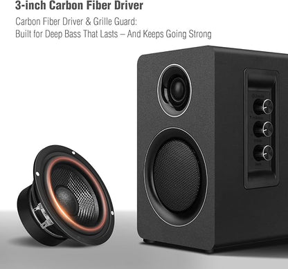 Computer Speakers for Desktop PC, Active Bookshelf Speaker with 3‘’ Carbon Fiber Woofer and Silk Film Tweeter ,Supports Bluetooth 5.3, USB-C, AUX/RCA Input for Record Player TV - Black Stereo Set