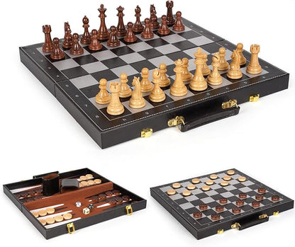 Chess Checkers Backgammon Set 3-in-1 Board Games Sets for Kids & Adults，15" Folding Magnetic Chess Set Leather Chess Board Strategy Game Portable Travel Chess Game with Magnetic Chess Pieces