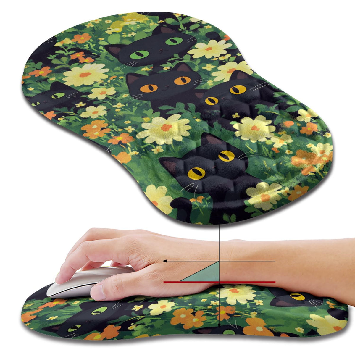 Hokafenle Ergonomic Mouse Pad Wrist Support, Wrist Rest Mousepad for Carpal Tunnel Pain Relief with Integrated Memory Foam Slope Massage Bulge (11.8x7.9 inch,Cute Floral