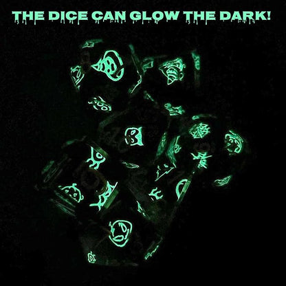 Haxtec Sticker Sharp Edge Dice Halloween Dice Resin DND Dice Set 7PCS Glow in The Dark Polyhedral D&D Dice for Compatible with Dungeons and Dragons