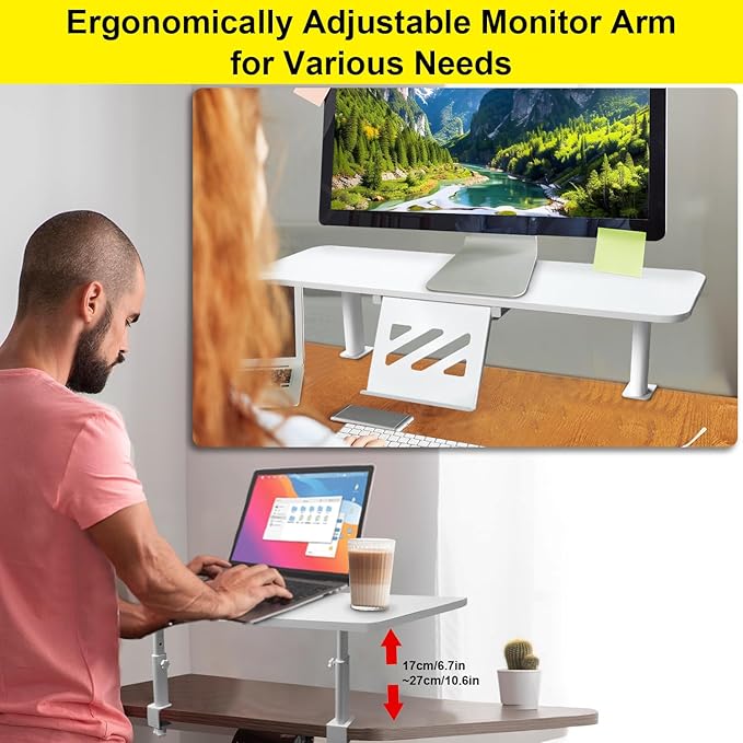 Clamp-On Monitor Stand Riser with Phone/Pad Holder, Height Adjustable from 6.7" to 10.7", Computer Desk Shelf for Laptop, PC, Home Office Workstation (White)