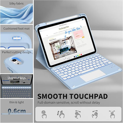 JKSML for iPad(A16) 11th/10th Generation Case with Keyboard (11/10.9 inch) 2025/2022, 7 Color Backlight Detachable Bluetooth Cover with Trackpad, Flip Stand Case Thin with Pencil Holder, White ice
