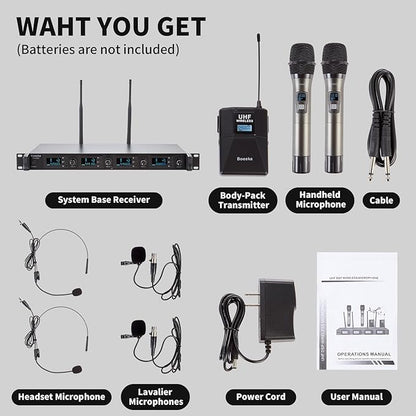 4 Channel Wireless Microphone System UHF 2 Cordless Handheld Mics and 2 Lavalier Headset Mics for Karaoke Church Speaking Conference Meeting Party, 4x25 Adjustable Frequency (2 Handheld + 2 Bodypack)