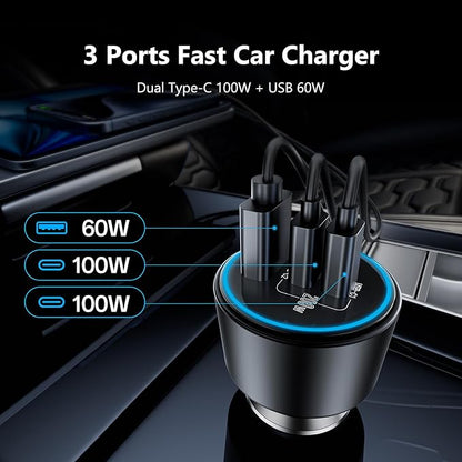200W Super Fast Car Charger for iPhone 16/15 Pro Max, 3-Port USB C Car Charger Adapter with 2×100W USB C to C Cables, PD3.0/QC4.0, 12V-24V Vehicle Compatible, LED Light & Overheat Protection