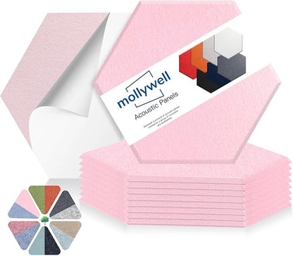 Mollywell Hexagon Acoustic Panels, High Density, Soundproofing, Decorative Noise Reduction Felt Wall Tiles for Ceilings, Home Office & Gaming Room (Cherry Blossom Pink), 14x12x0.4 Inch