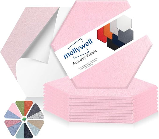 Mollywell Hexagon Acoustic Panels, High Density, Soundproofing, Decorative Noise Reduction Felt Wall Tiles for Ceilings, Home Office & Gaming Room (Cherry Blossom Pink), 14x12x0.4 Inch