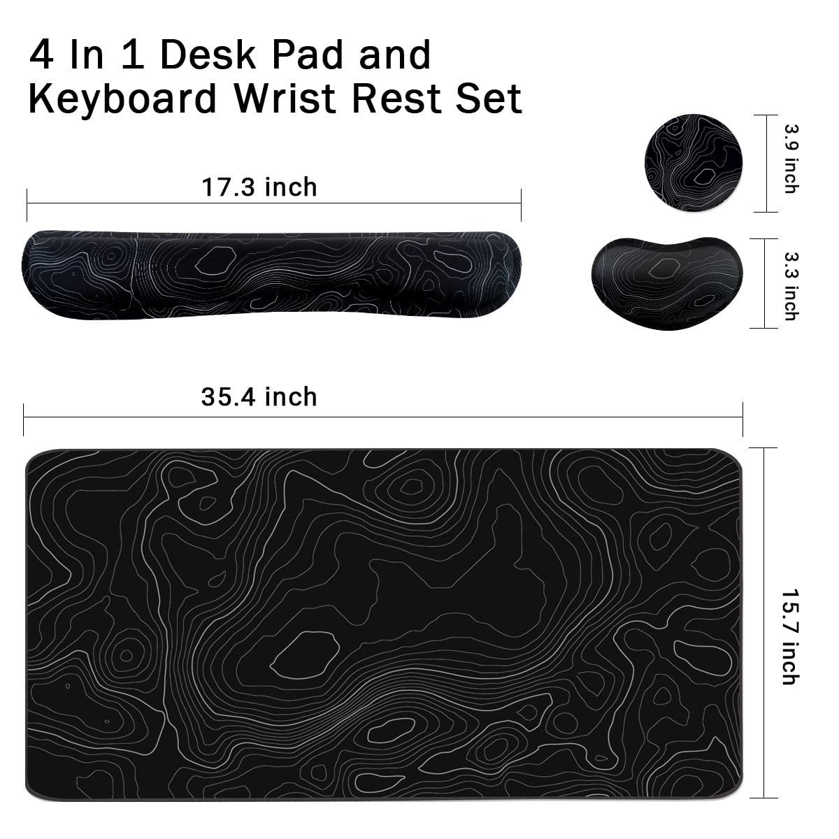 Topographic Mouse Pad Set, Extended Mouse Pad+Keyboard Wrist Rest, Memory Foam Ergonomic Easy Typing, 4Pcs (35.4×15.7 in) Desk Pad Set for Home Office Study Game-Topographic Contour