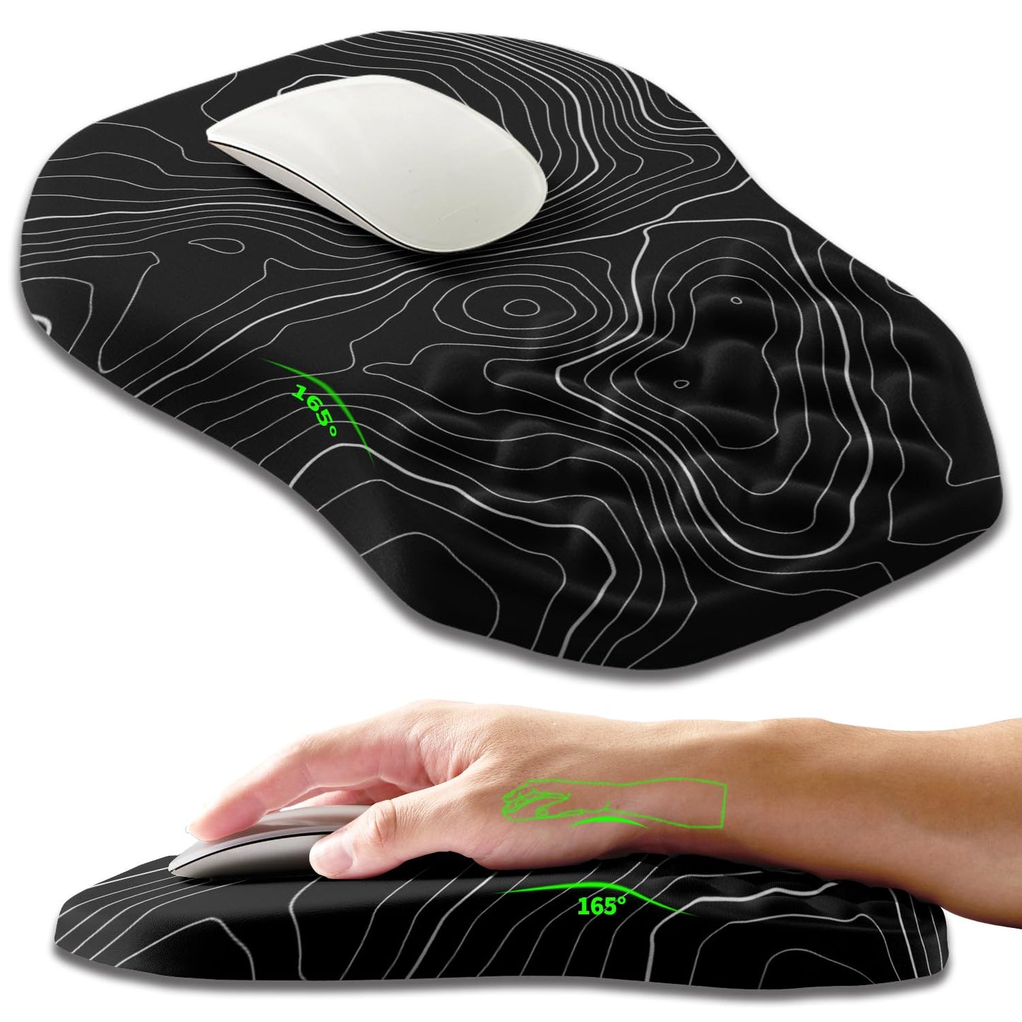 Armanza Ergonomic Slope Mouse Pad Wrist Support, Wrist Rest Mousepad for Carpal Tunnel Pain Relief with Massage Bulge and Slow Rebound Memory Foam (12x8 inch, Black Contour Lines)
