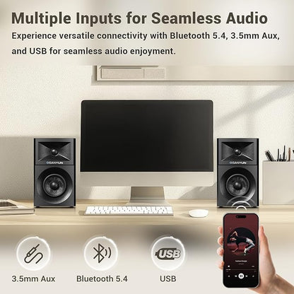 SW203 4.0 Computer Speakers - 60W 4-Way DSP Control 3D Immersive Sound - 3" Carbon Fiber Woofer & 20mm Silk Dome Tweeter - 24bit DAC USB/Bluetooth 5.4/AUX - Studio-Grade Audio (Pair, Black)
