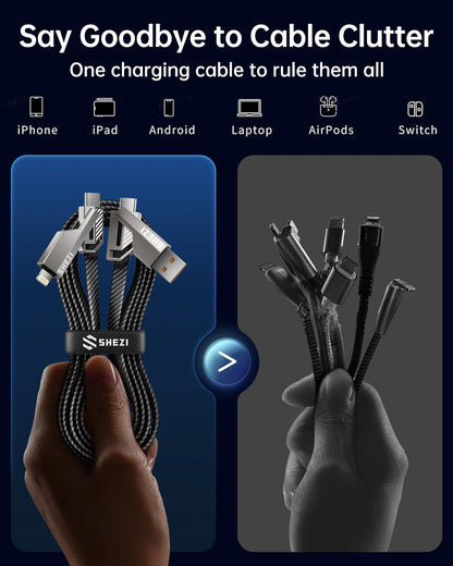 SHEZI [Upgraded 2.0] 4-in-1 USB C Cable 60W 5FT Compatible with Lightning Cable [Fast Charging & Data Transfer] Flat Braided Multi Charger Cord Combo with L/USB C/A Port for iPhone/iPad & All Devices