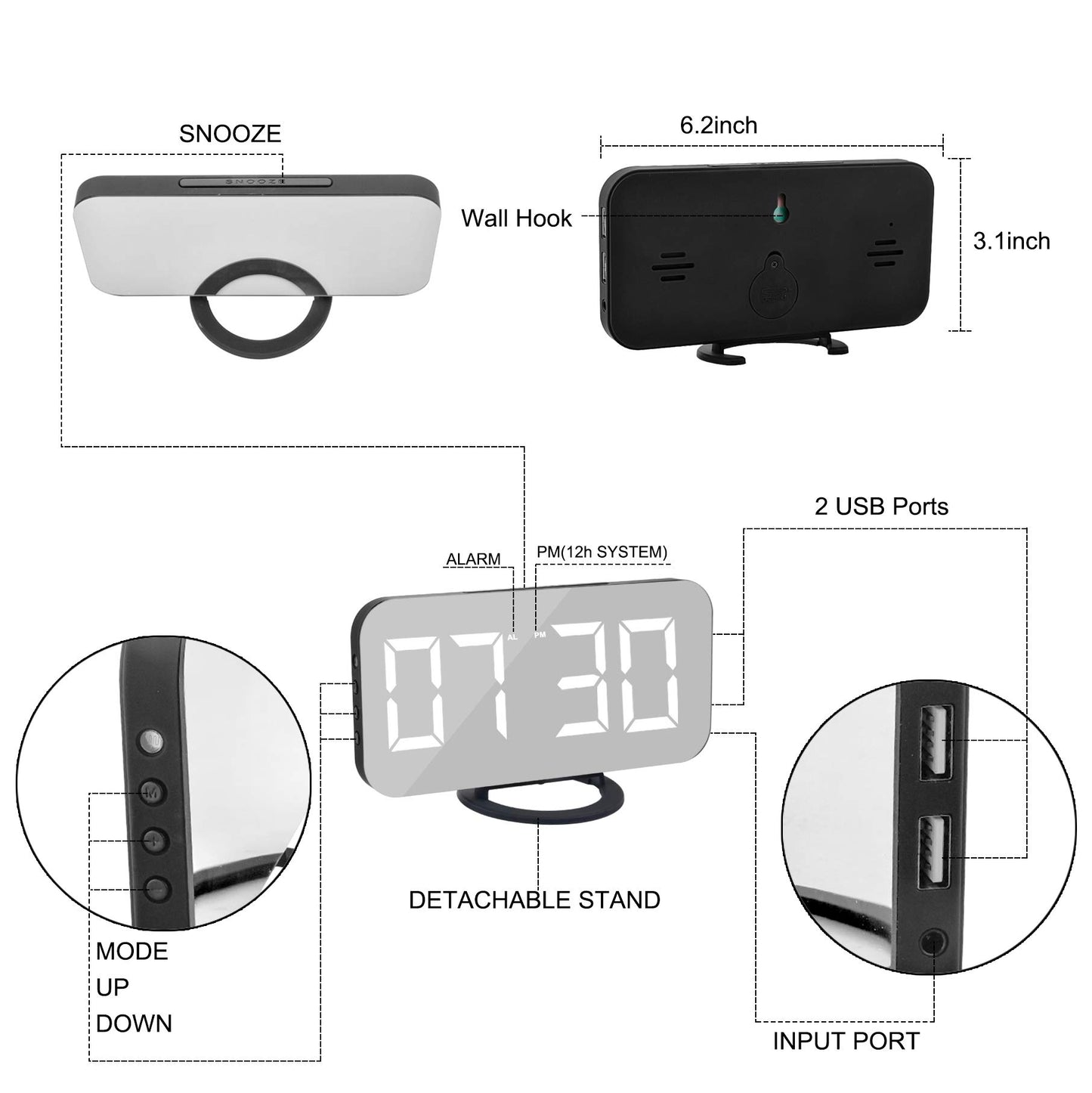 SZELAM Digital Clock Large Display, LED Alarm Electric Clocks Mirror Surface for Makeup with Diming Mode, 3 Levels Brightness, Dual USB Ports Modern Decoration for Home Bedroom Decor-Black