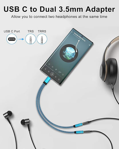 Headphone Splitter for 2 Headphones, USB C to Dual 3.5mm Female Aux Splitters for iPhone 17 17 Pro Max 16e, Google Pixel 10, Samsung Galaxy S25 Ultra, Audio Jack Adapter Earphone Connector - Blue