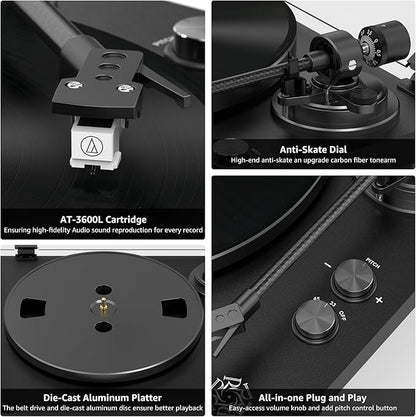 Record Player Wireless Output Turntable Carbon Fiber Tonearm Vinyl Player Aluminium Platter Belt-Drive LP Turn Tables 2 Speed RPM Phono RCA Line Output AT-3600L MM Cartridge Audio Sound Pure Black