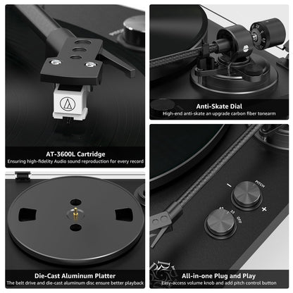 Retrolife Record Player Wireless Output Turntables AT-3600L Cartridge Black