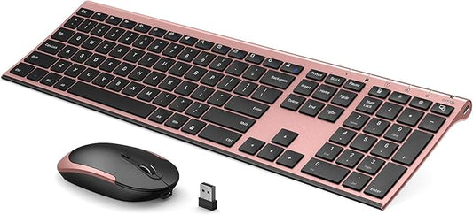 Wireless Keyboard Mouse, Vssoplor Silent Full-Size Rechargeable Combo Set Slim Design for PC, Laptop, Desktop-Black and Rose Gold