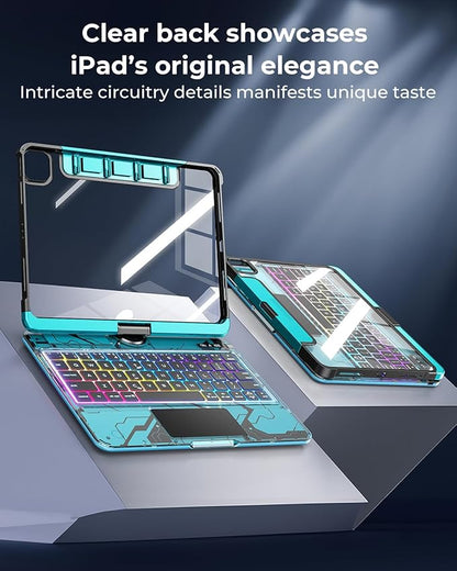 SIBEITU Keyboard Case for iPad A16 11th Gen 11" 2025 & 10th Gen 10.9" 2022, Clear Wireless Keyboard Protective Cover with Multi-Touch Trackpad, 7-Color Backlight & 3-Brightness, 360 Rotatable, Blue