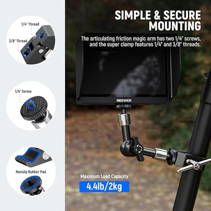 NEEWER 6"/15cm Adjustable Magic Arm with Super Clamp, 1/4" & 3/8" Threads, 1/4" Screws for Flash/LED Light/Microphone/Monitor, Compatible with SmallRig Camera Cage, Max Load: 4.4lb/2kg, ST15C
