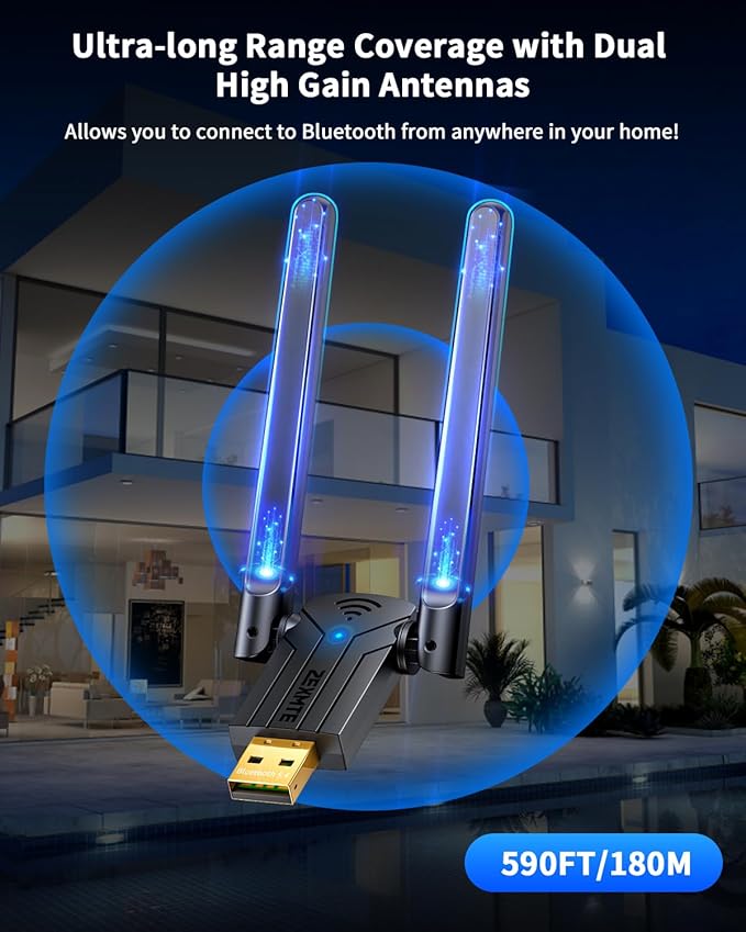 ZEXMTE 5.4 USB Bluetooth Adapter for PC, Plug & Play Bluetooth Transmitter & Reciver, EDR & BLE, High Gain Antenna, 590FT / 180M Long Range for PC Windows 11/10/8