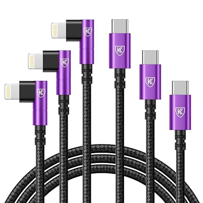 90 Degree USB C to Lightning 10FT, iPhone Charger Cables [Apple MFi Certified] 3Pack Fast Charging Cord, Nylon Braided USB C Lightning Cable Compatible with iPhone 14/13/12/11/Pro Max/Plus/8/7-Purple
